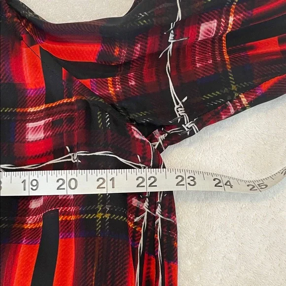 Nicole Miller Red and Black Plaid Cold Shoulder Blouse - Picture 6 of 10